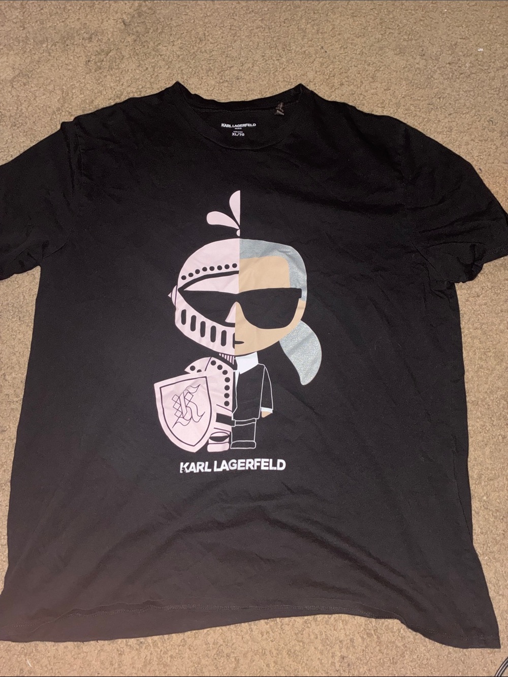 Karl Lagerfeld Black Graphic Character Tee with Pale Pink and Light Blue Accents
